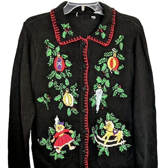 Black Embroidered Christmas Holiday Themed Sweater Cardigan Size M/L? VTG - Picture 1 of 6